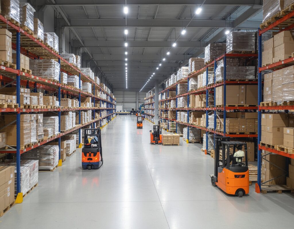 Large automated warehouse interior with tall shelves, robotic arms, and forklifts - Logistics Buyer