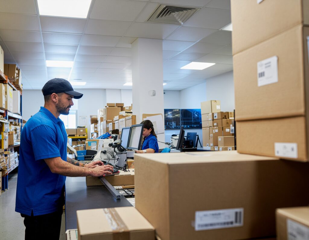 Logistics center team packing and labeling parcels for delivery - Logistics Buyer