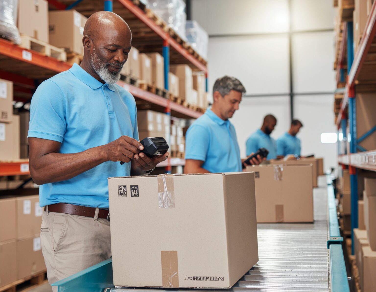 Warehouse workers scanning packages using handheld devices - Logistics Buyer